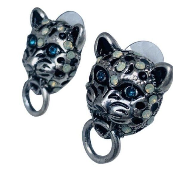 Betsey Johnson WHITEOUT Crystal Snow Leopard Door Knocker Button Stud Earrings - Picture 5 of 9